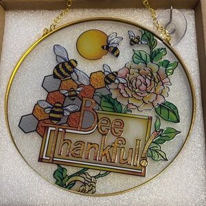 NIB Bee Thankful Stained Glass Art with Gold Frame 6.5”x6.5”